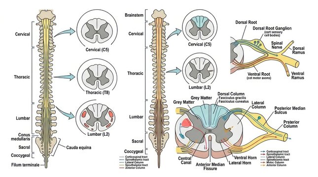 Anatomical diagrams of human spinal cord and nerve roots showing various spinal sections.