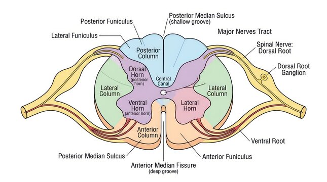 Cross section illustration of human spinal cord showing anatomical features and structure.