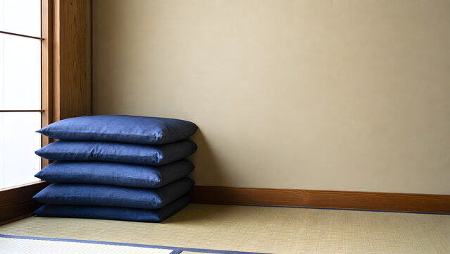 Stack of Plain Zabuton Floor Cushions in a Tatami Room Corner