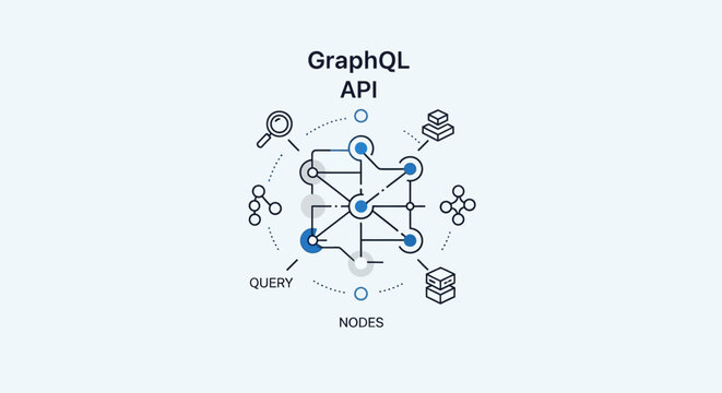 Conceptual illustration of GraphQL API architecture with nodes and data connections.