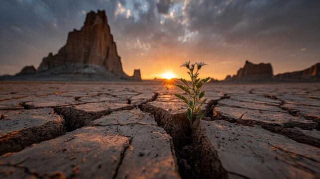 Lone plant emerging from parched soil in a vast desert valley with rock monoliths at dusk.
