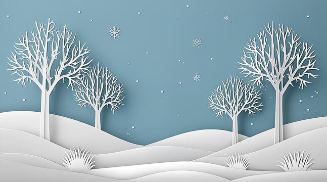 Paper cut winter landscape with white trees and snow