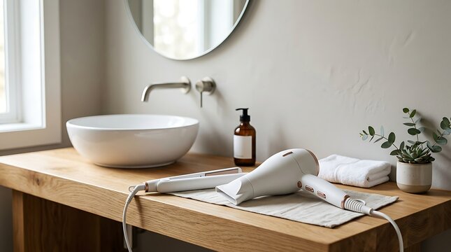Modern Bathroom Countertop with Hair Dryer and Straightener on Wooden Vanity