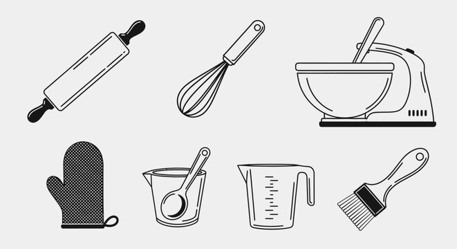 Outline Vector Icons of Essential Baking Tools Set: Rolling Pin, Whisk, Stand Mixer, Measuring Cups, Oven Mitt, Pastry Brush