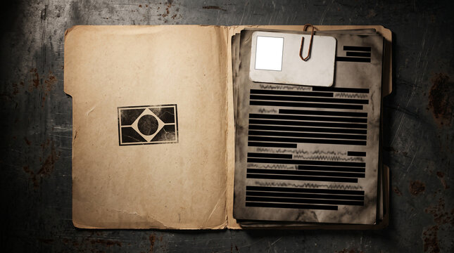 Top view of an open manila folder containing redacted documents with black ink on a dark metal surface