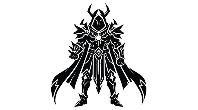Armored demon warrior standing in frontal pose with ornate helmet horns and flowing cape