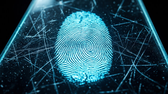 Glowing Digital Fingerprint Scanning on a Dark Touchscreen Surface in a High Tech Security Concept