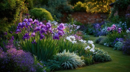 Obraz premium Luminous garden scene filled with purple irises and white flowers along a classic stone wall.