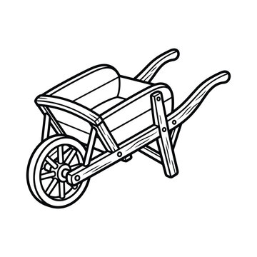 Hand drawn wooden wheelbarrow line art illustration garden tool.