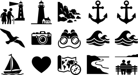 Set of nautical and coastal themed travel icons in black and white. © Ciki