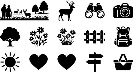Collection of black silhouette nature and travel themed icons. © Ciki