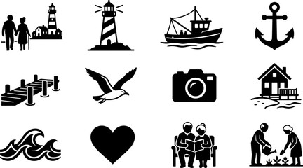 Set of monochrome nautical and lifestyle icons with maritime themes. © Ciki