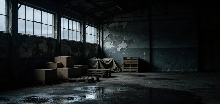 Dark empty old warehouse interior with large tall windows,Fits thriller video backdrops, horror scene templates, industrial architecture slides, mystery story visuals.