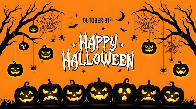 Festive halloween illustration jack o' lanterns spiders and spooky tree branches