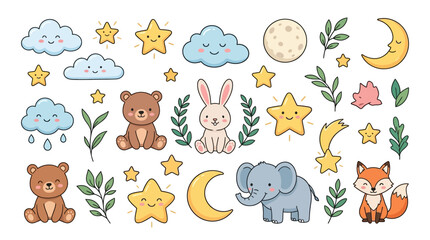 Obraz premium Collection of flat vector illustrations for nursery decor featuring cute animals like bear, bunny, elephant, and fox alongside smiling stars, crescent moons, clouds, and green leaves.