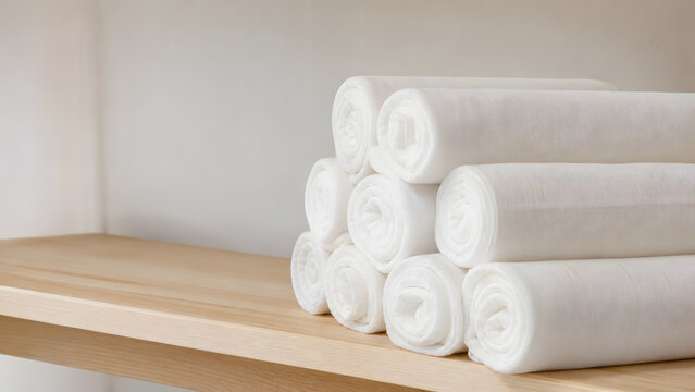 Rolls of Plain Sarashi White Cotton Cloth on a Shelf