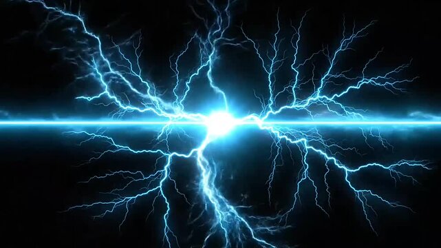Abstract blue electrical lightning bolts and energy discharge on a dark background, symbolizing power, technology, and energy flow