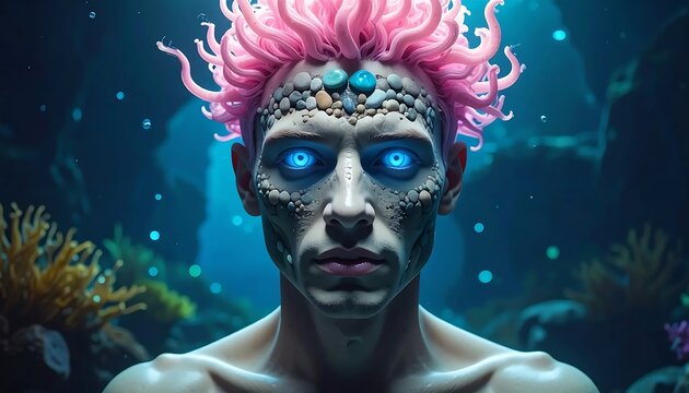 Humanoid Figure with Pink Tentacle Hair Glowing Blue Eyes in Underwater Coral Environment