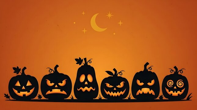 Halloween jack o' lanterns spooky pumpkin carvings with crescent moon