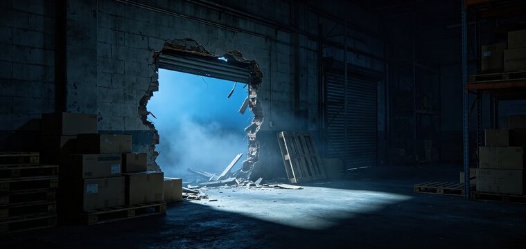 Dark abandoned warehouse interior with large jagged broken wall opening, Fits thriller game backdrops, action movie concept art, mystery video backgrounds, escape room decor templates.