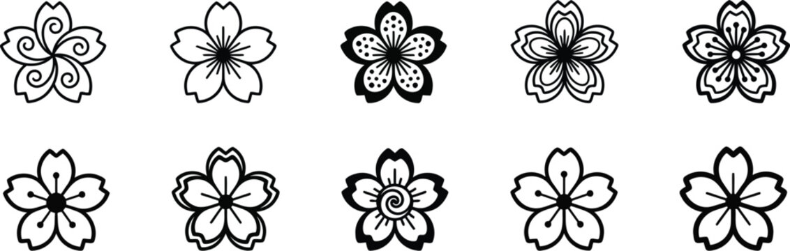 Collection of 8 unique black and white flower designs