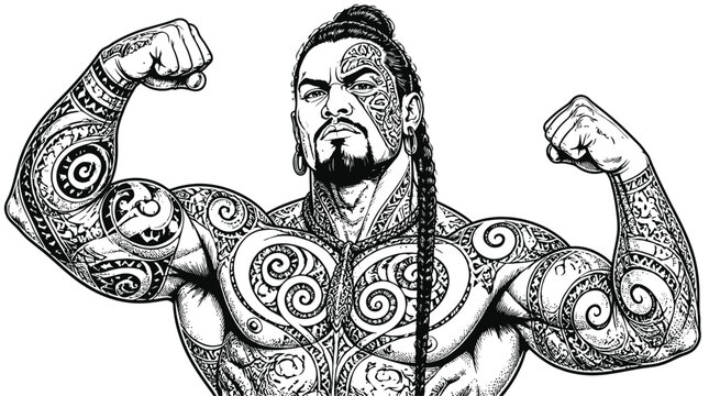 Muscular bearded man flexing biceps with tribal body art and facial markings