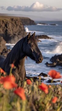 Majestic black horse standing calmly near a rugged cliff edge overlooking the crashing ocean waves while vibrant red flowers sway gently in the foreground during a peaceful sunset in this cinematic vi