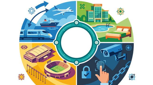 Flat lay circular infographic vector design featuring four categories: global transportation, hospitality and hotels, sports stadiums and venues, and integrated security systems.