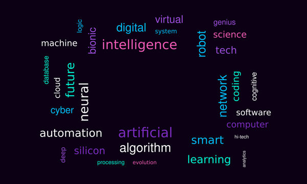 Abstract artificial intelligence typography word cloud, vibrant digital innovation concept with neon tech vocabulary for futuristic software design