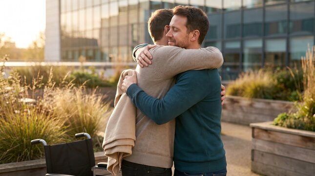 Brothers embracing after living kidney donation
