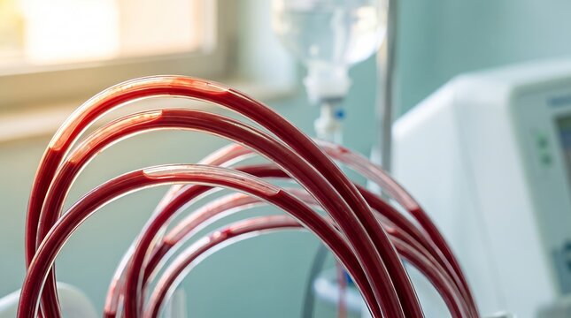 Clear tubing carrying blood through dialysis machine