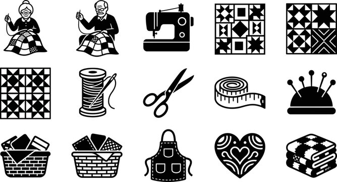 Set of monochrome icons depicting quilting and sewing craft elements.