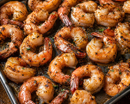 Shrimp Feast: A close-up, high-angle view of a large baking sheet filled with perfectly grilled shrimp, seasoned and ready to be devoured. The delectable crustaceans promise a burst of flavor.