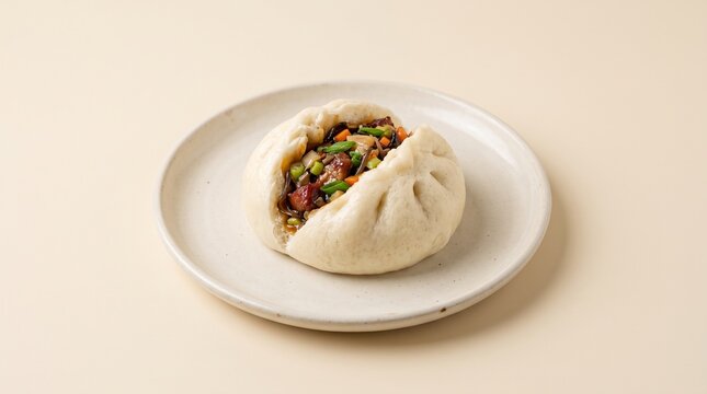 A fluffy steamed bao bun filled with savory meat, mushrooms, and green onions, served on a ceramic plate against a beige background.