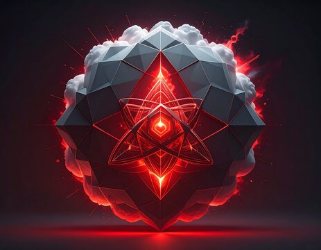 A Glowing Geometric Sphere with a Red Star Symbol Levitating in a Dark Smoky Void