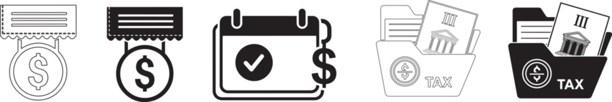Set of finance icons representing currency bills calendar and tax document folders