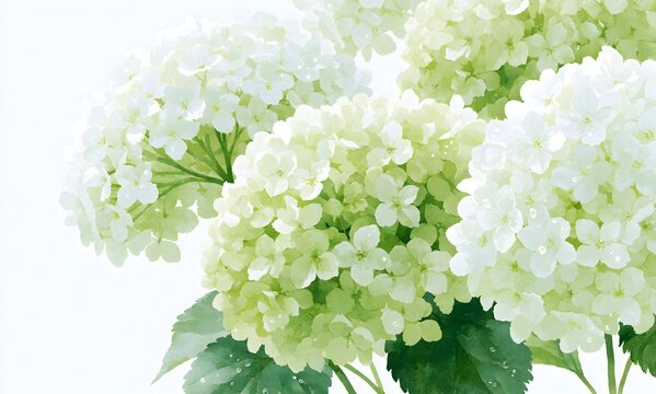 soft watercolor illustration of white and pale green Annabelle hydrangeas, lush layered flower clusters,
