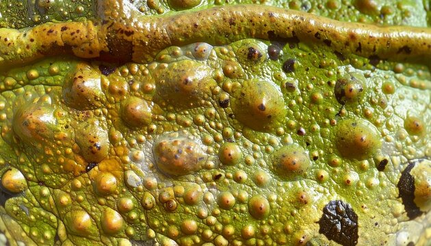 Close-up of Textured Green and Yellow Surface with Bumps and Ridges.