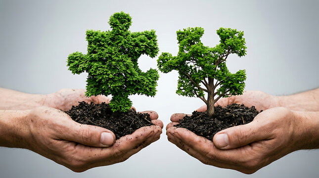 Two hands holding soil with puzzle piece trees representing growth.
