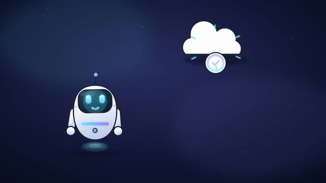 Cute artificial intelligence robot uploading document files to a secure cloud server network