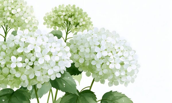 soft watercolor illustration of white and pale green Annabelle hydrangeas, lush layered flower clusters,