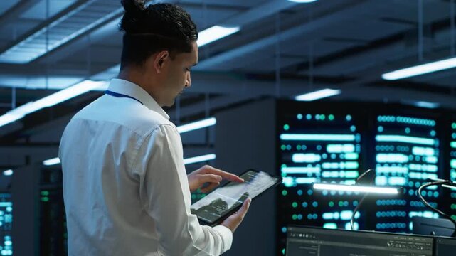 System administrator tracks network traffic in a high tech server room with a tablet, balancing network security, data protection and traffic monitoring inside an organized technical process