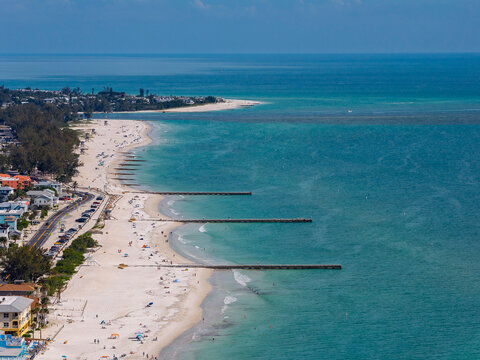 Aerial Drone View of Bradenton Beach and Longboat Key on Anna Maria Island, Florida