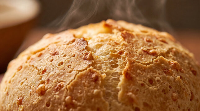 Close up of a freshly baked golden brown bread with steam rising