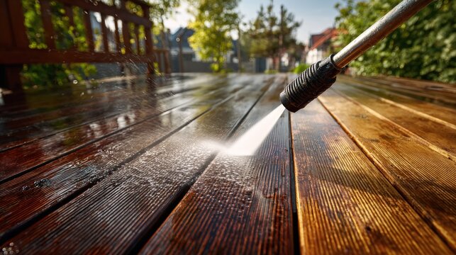 Power washing a wooden terrace to remove dirt and grime during home renovation.
