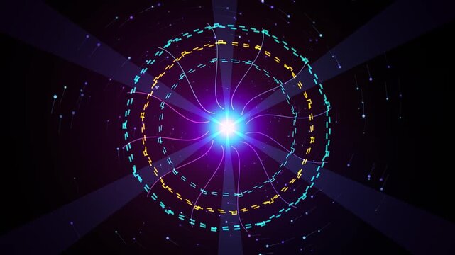 Abstract glowing orb with colorful pixelated patterns radiating light beams, digital data sphere, technology background