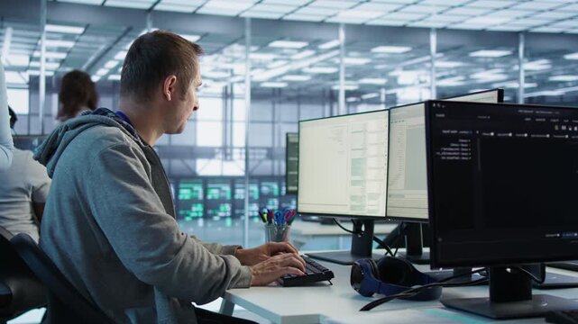 Man operating in server hub capable of processing vast amounts of data from a secondary camera angle while highlighting data protection, network security and infrastructure risk.