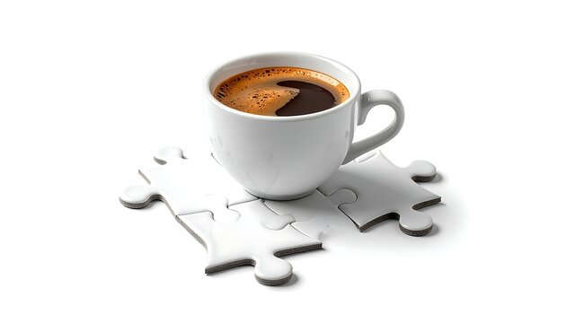 A white coffee mug filled with dark coffee sits on top of a puzzle piece arrangement. Bright lighting accentuates the scene against a clean white backdrop