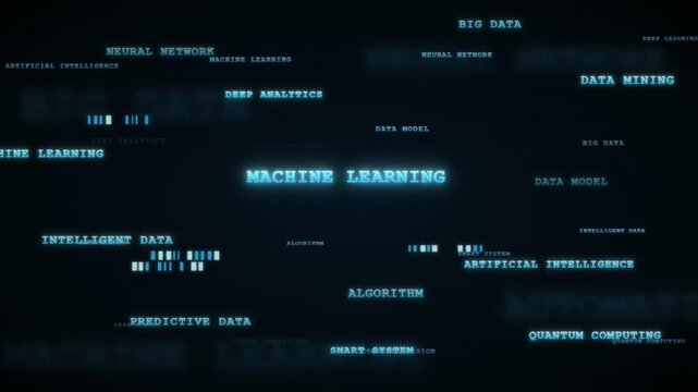 Floating typography of artificial intelligence and machine learning technology buzzwords in dark cyberspace