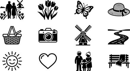 Set of travel and leisure themed icons in a hand drawn doodle style. © barry